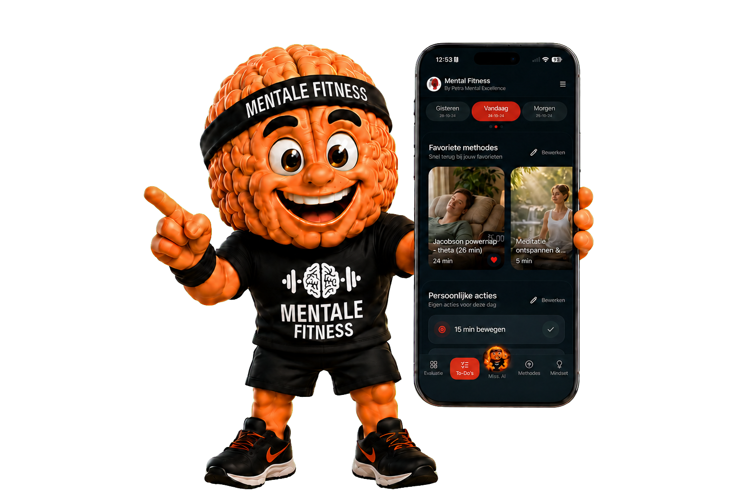 Mascotte met de Mental Fitness-app op smartphone