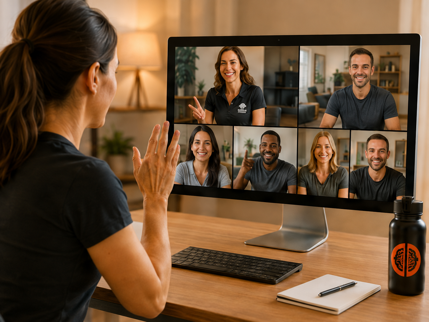 Volwassen deelnemers volgen thuis een live online Mental Fitness-groepssessie
