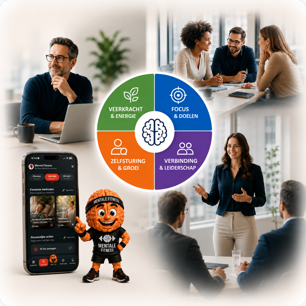 Medewerkers, teams en leiders die mentale fitness dagelijks trainen met de vier mentale spiergroepen en de Mental Fitness app