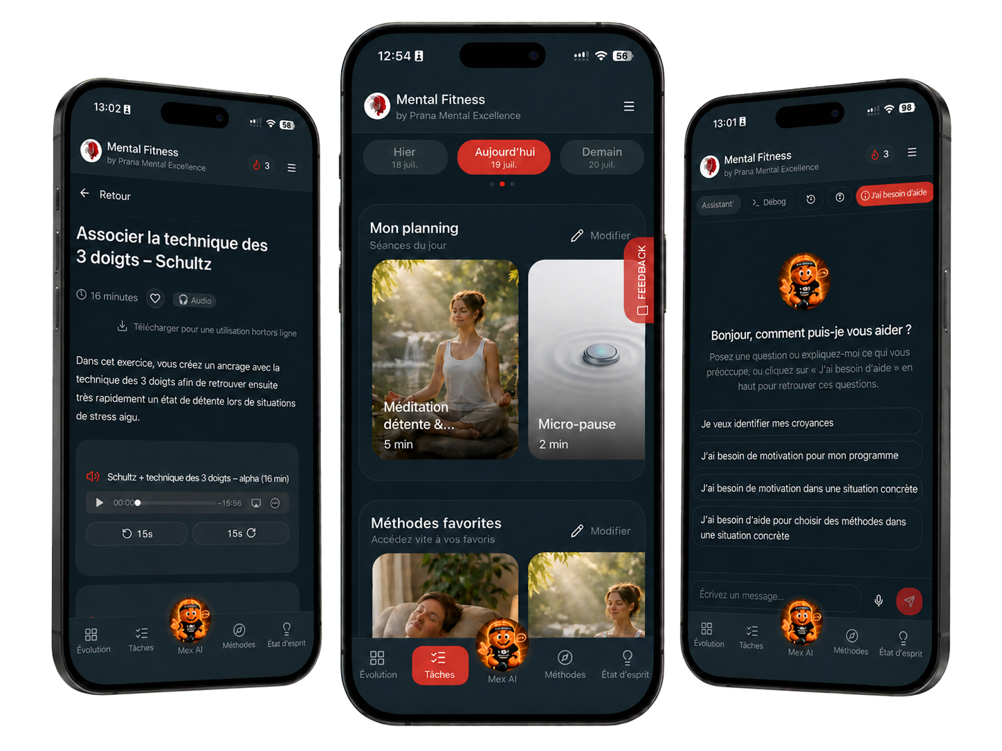 Trois écrans de l'app Mental Fitness Studio : programme d'entraînement, exercices et progression personnelle