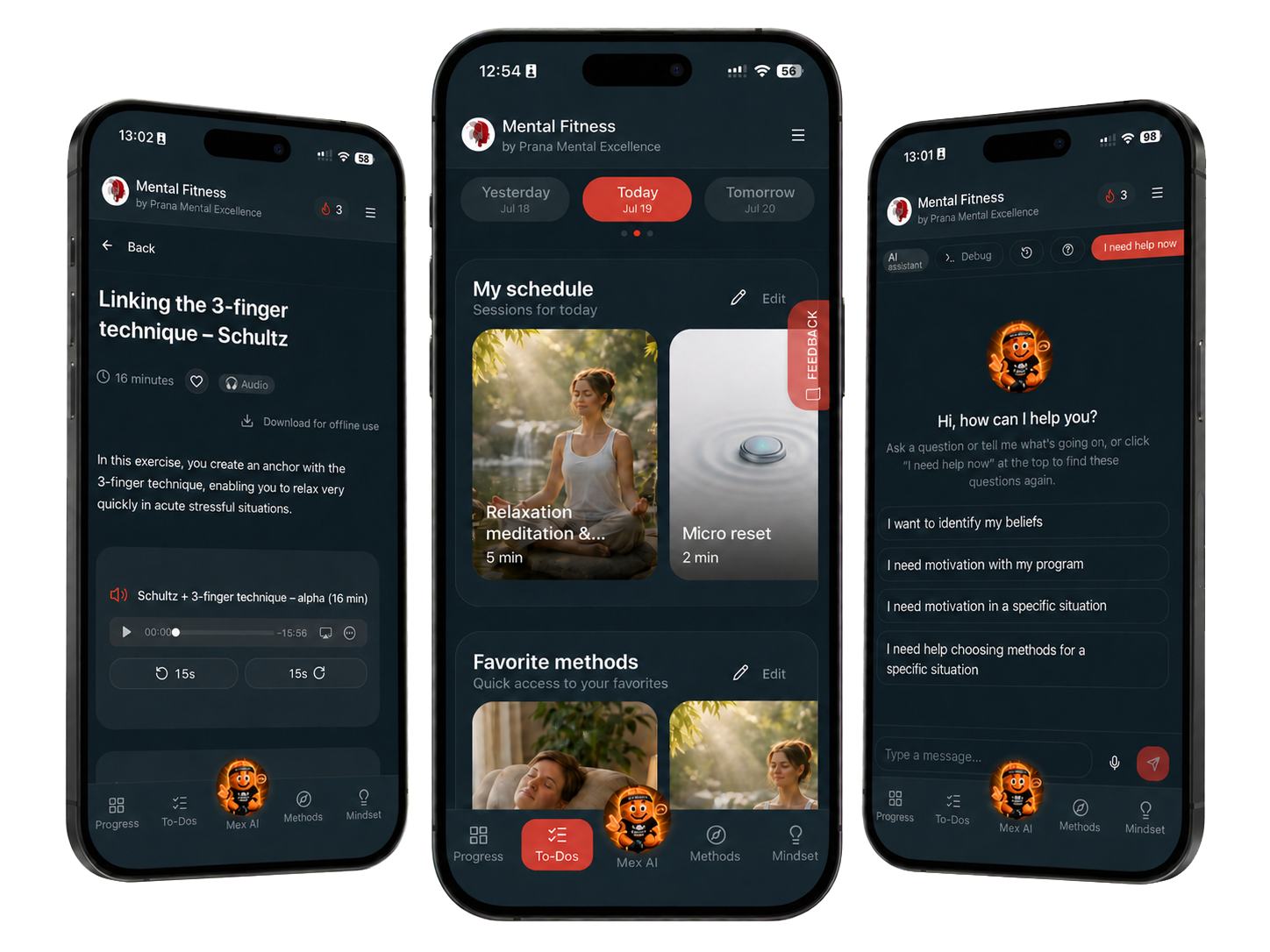 Mental Fitness Studio app with My schedule, Mex AI coach and audio workbook