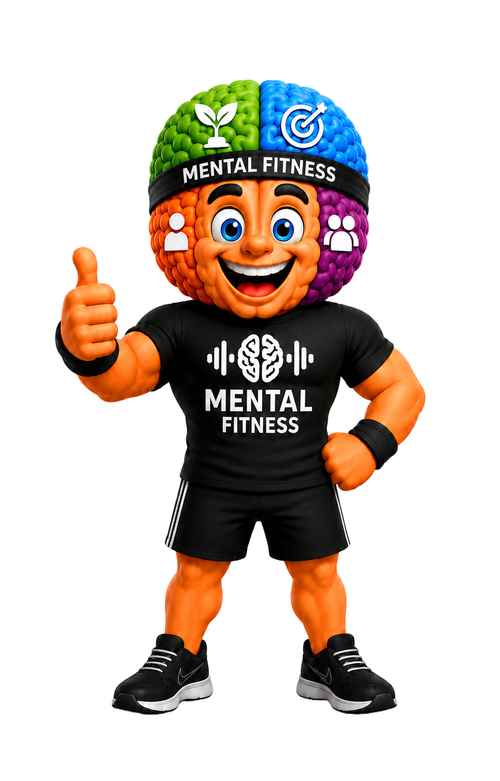 Prana Mental Fitness mascot with the four mental muscle groups