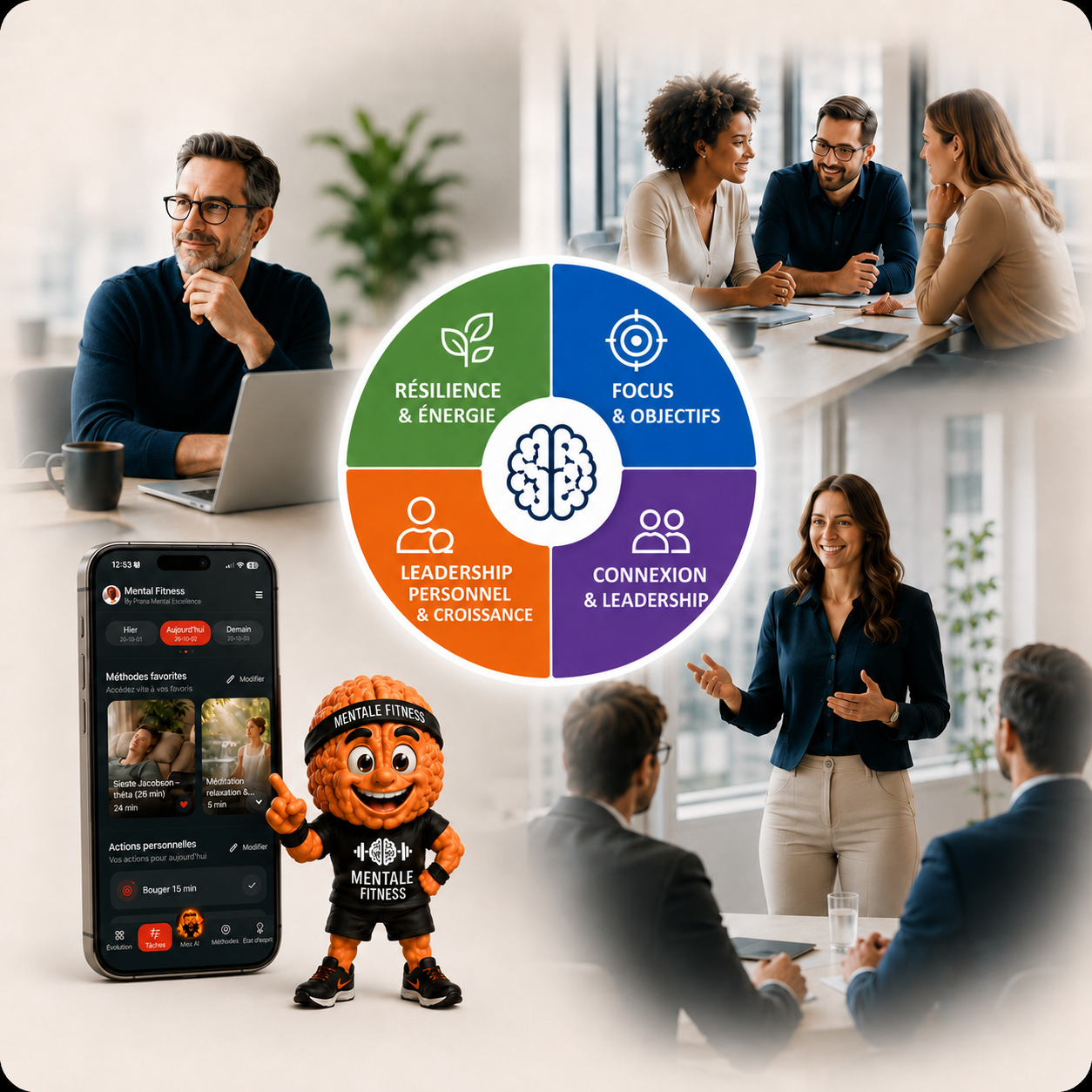 Collaborateurs, équipes et dirigeants qui entraînent chaque jour leur fitness mental avec les quatre groupes musculaires mentaux et l'app Mental Fitness