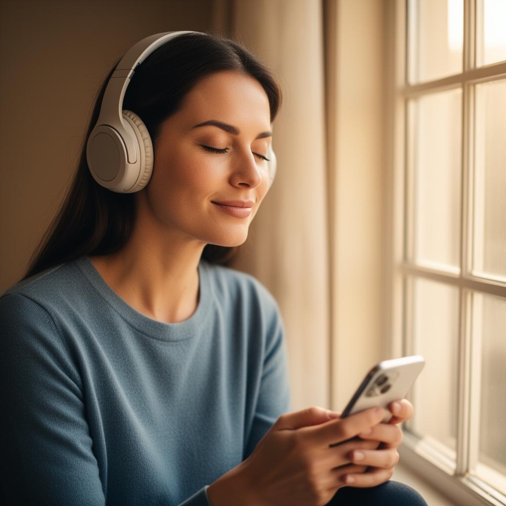Vrouw met koptelefoon vindt rust met de Mentale fitness app